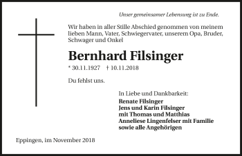 Traueranzeige von Bernhard Filsinger 