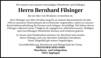 Traueranzeige von Bernhard Filsinger 