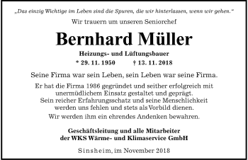 Traueranzeige von Bernhard Müller 