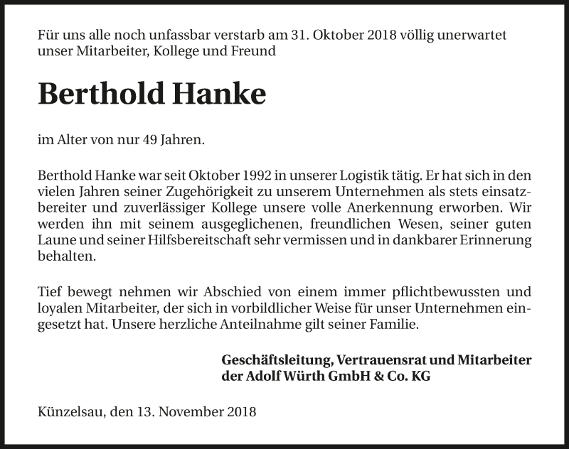  Traueranzeige für Berthold Hanke vom 13.11.2018 aus 