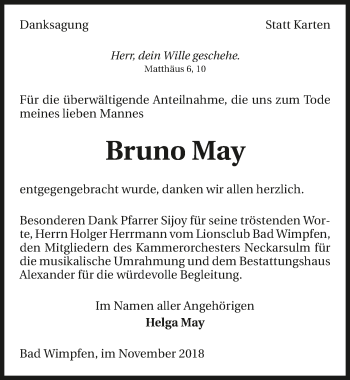 Traueranzeige von Bruno May 