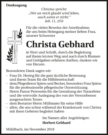 Traueranzeige von Christa Gebhard 