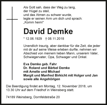 Traueranzeige von David Demke 