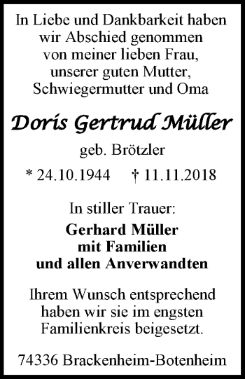 Traueranzeige von Doris Gertrud Müller 