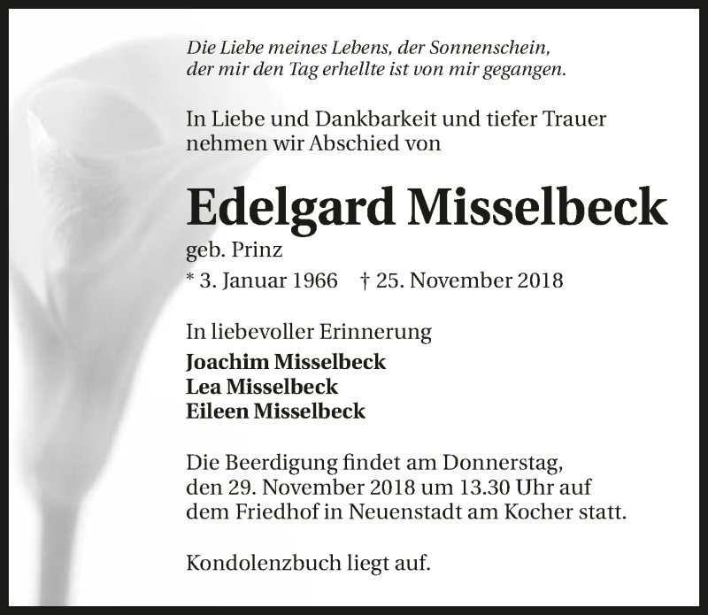  Traueranzeige für Edelgard Misselbeck vom 28.11.2018 aus 