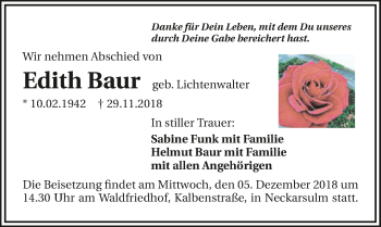 Traueranzeige von Edith Baur 