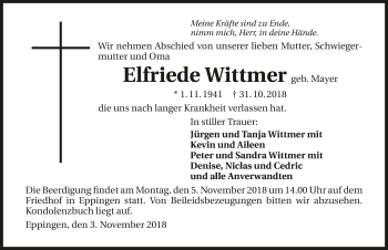 Traueranzeige von Elfriede Wittmer 