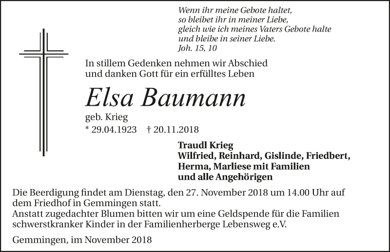  Traueranzeige für Elsa Baumann vom 24.11.2018 aus 