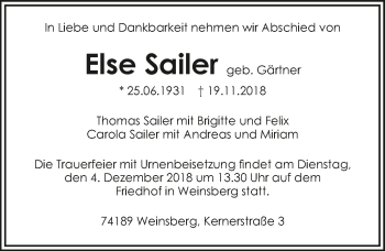 Traueranzeige von Else Sailer 