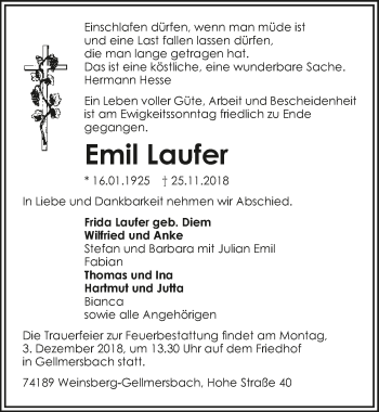 Traueranzeige von Emil Laufer 