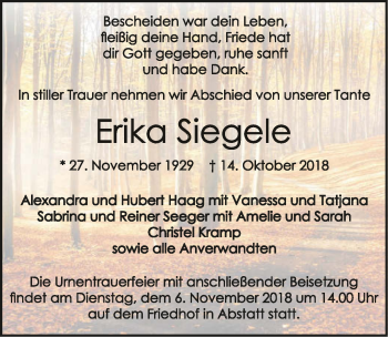 Traueranzeige von Erika Siegele 