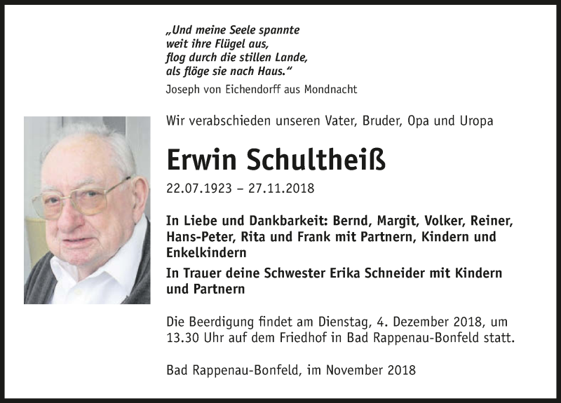  Traueranzeige für Erwin Schultheiß vom 01.12.2018 aus 