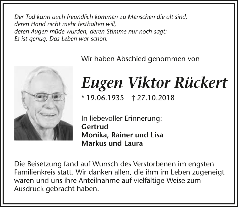  Traueranzeige für Eugen Viktor Rückert vom 17.11.2018 aus 