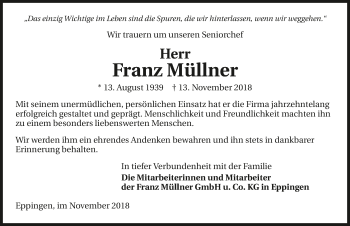 Traueranzeige von Franz Müllner 