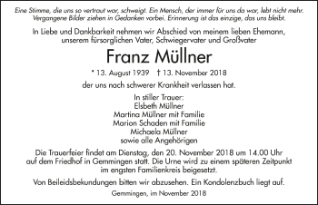 Traueranzeige von Franz Müllner 