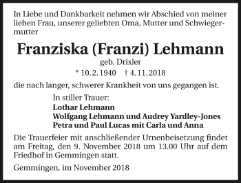 Traueranzeige von Franziska Lehmann 