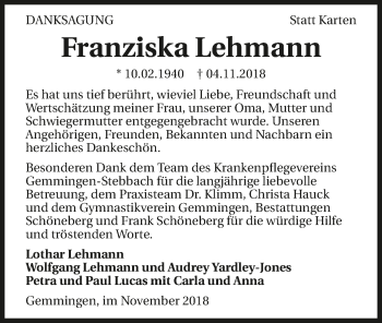 Traueranzeige von Franziska Lehmann 