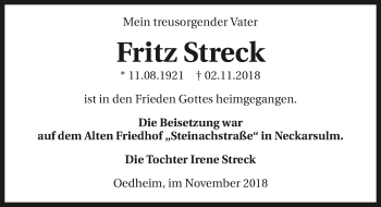 Traueranzeige von Fritz Streck 