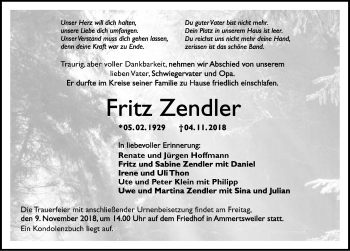 Traueranzeige von Fritz Zendler 