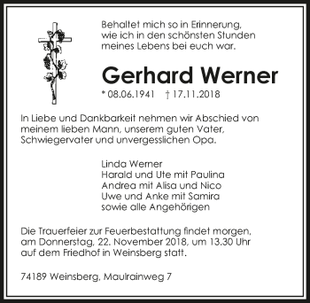 Traueranzeige von Gerhard Werner 