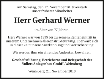 Traueranzeige von Gerhard Werner 