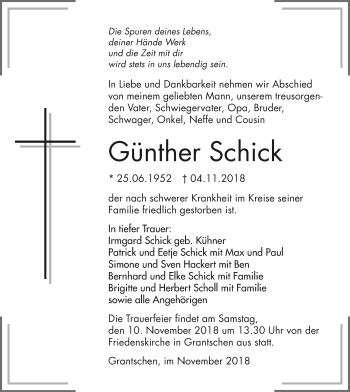 Traueranzeige von Günther Schick 