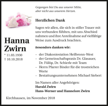 Traueranzeige von Hanna Zwirn 