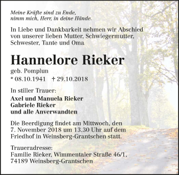 Traueranzeige von Hannelore Rieker 