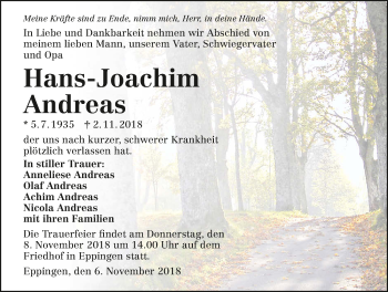 Traueranzeige von Hans-Joachim Andreras 