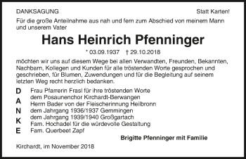 Traueranzeige von Hans Heinrich Pfenninger 
