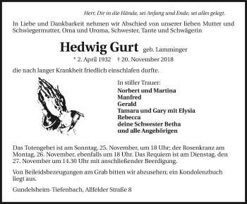 Traueranzeige von Hedwig Gurt 