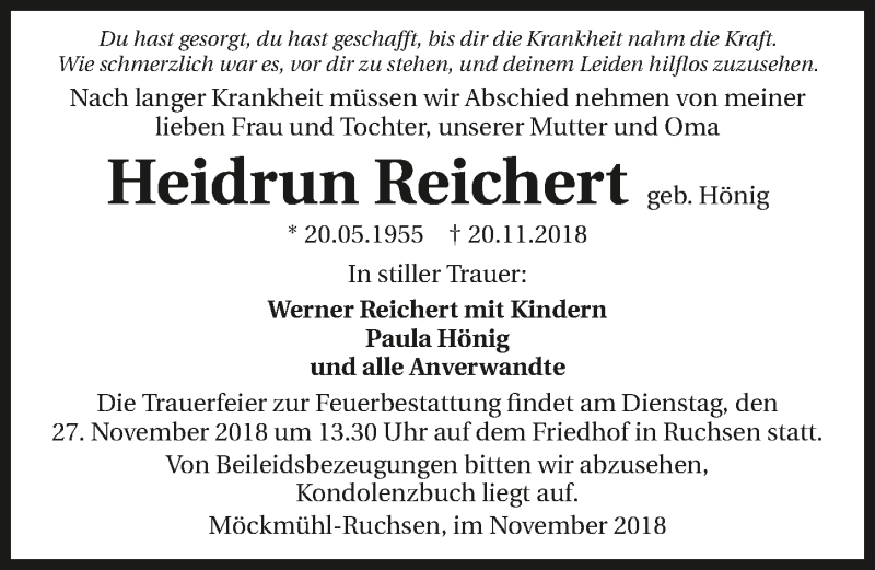  Traueranzeige für Heidrun Reichert vom 24.11.2018 aus 