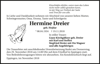 Traueranzeige von Hermine Dreier 