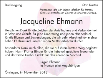 Traueranzeige von Jacqueline Ehmann 