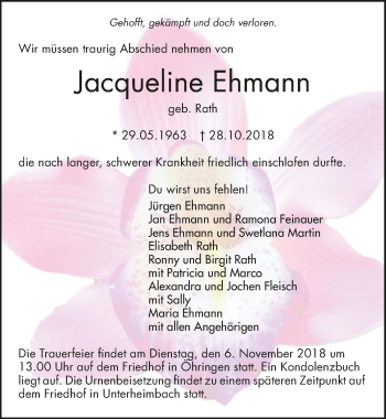 Traueranzeige von Jacqueline Ehmann 