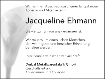 Traueranzeige von Jacqueline Ehmann 