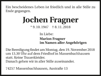 Traueranzeige von Jochen Fragner 