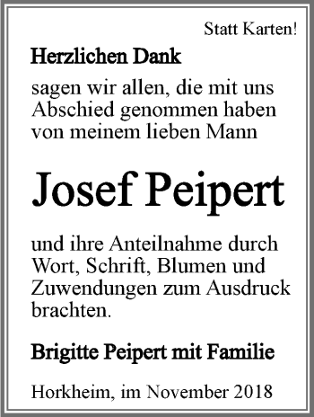 Traueranzeige von Josef Peipert 