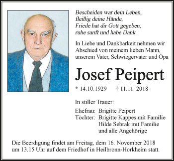 Traueranzeige von Josef Peipert 