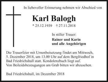 Traueranzeige von Karl Balogh 