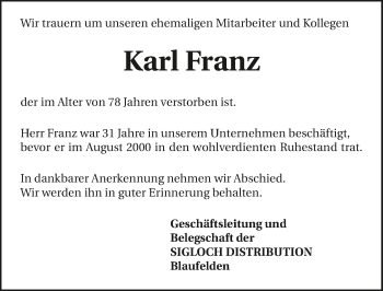 Traueranzeige von Karl Franz 