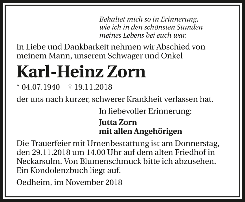  Traueranzeige für Karl-Heinz Zorn vom 24.11.2018 aus 