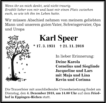 Traueranzeige von Karl Speer 