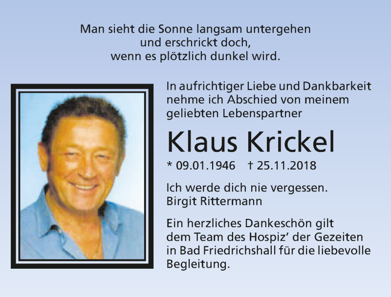  Traueranzeige für Klaus Krickel vom 01.12.2018 aus 
