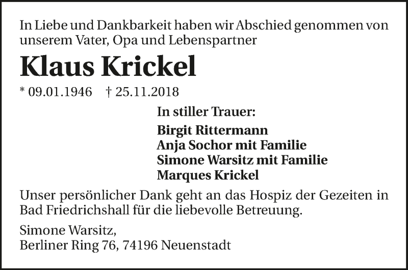  Traueranzeige für Klaus Krickel vom 01.12.2018 aus 