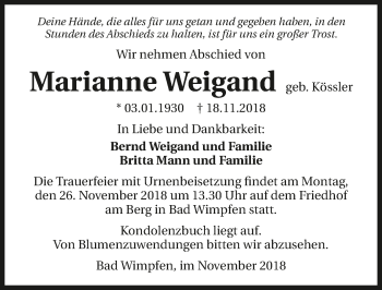 Traueranzeige von Marianne Weigand 