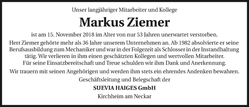  Traueranzeige für Markus Ziemer vom 26.11.2018 aus 