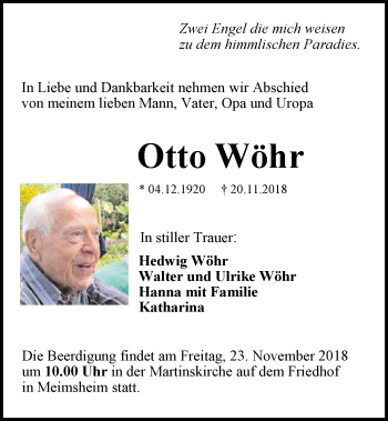 Traueranzeige von Otto Wöhr 