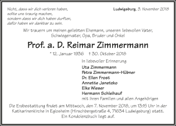 Traueranzeige von Reimar Zimmermann 