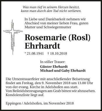 Traueranzeige von Rosemarie Ehrhardt 